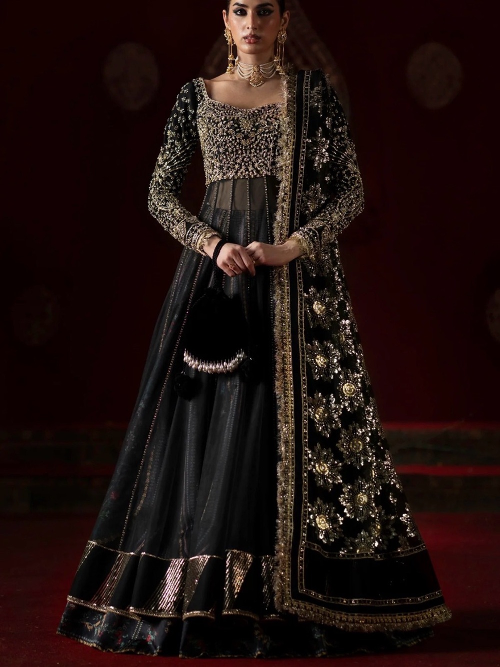 Embroidered Black Maxi Dress with Gold Accents